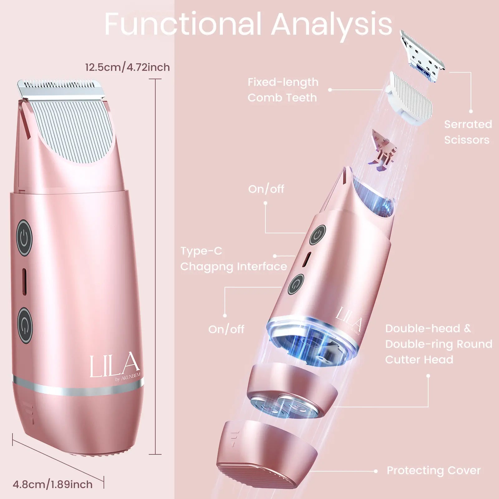 Akunbem 2 in 1 Women'S Electric Shaver Dual Head Bikini Trimmer IPX7 Waterproof Wet Dry Use Body Hair Trimmer Facial Hair Remover for Bikini Underarm Leg Arm Body Face