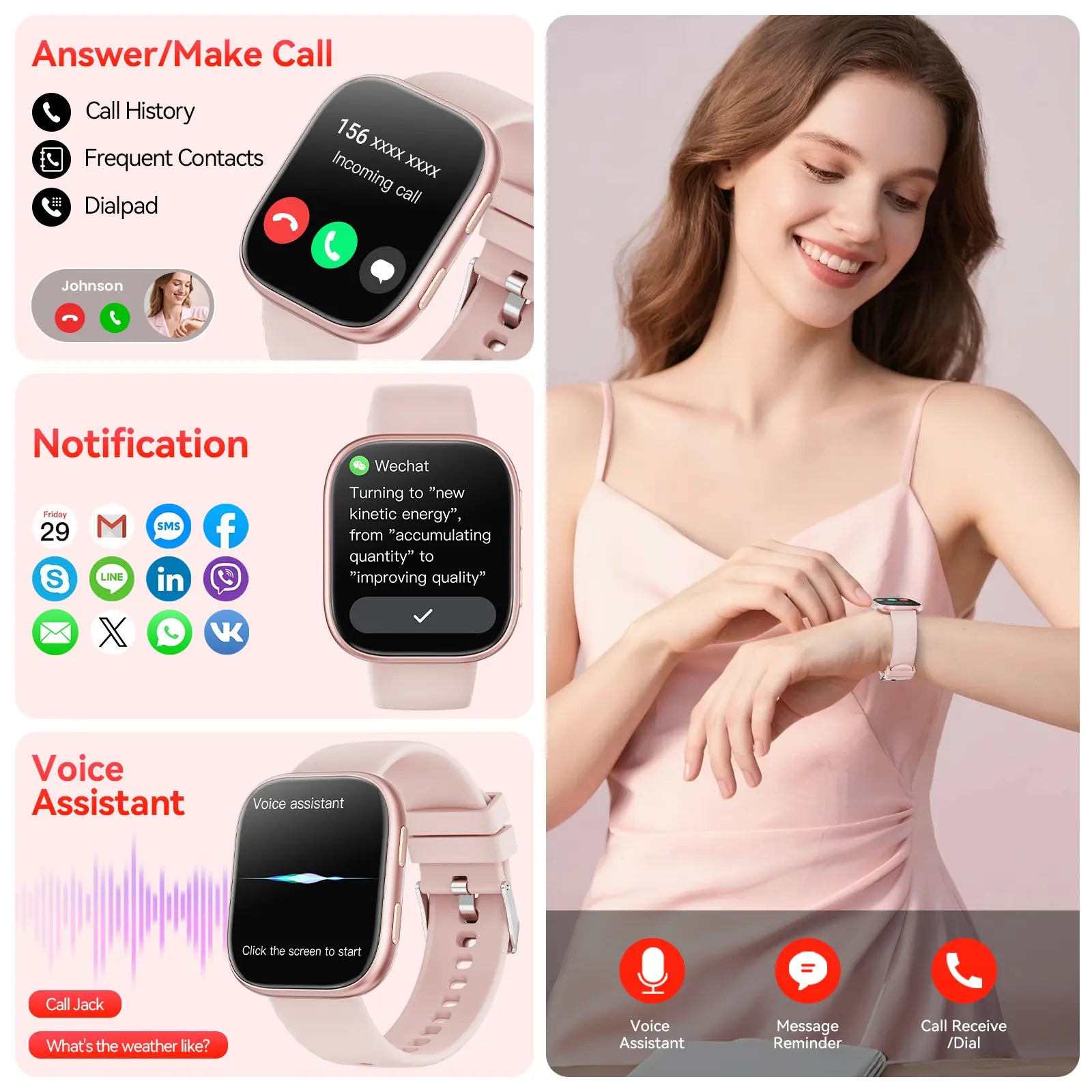 2026 New Chic Women'S Smartwatch - Wearable Touchscreen Activity Watch with Bluetooth, Silicone Band, Call Reminders/Rejection, 100+ Sports Modes, DIY Dials, Message Alerts, Compatible with Android/Iphone, Gift Option
