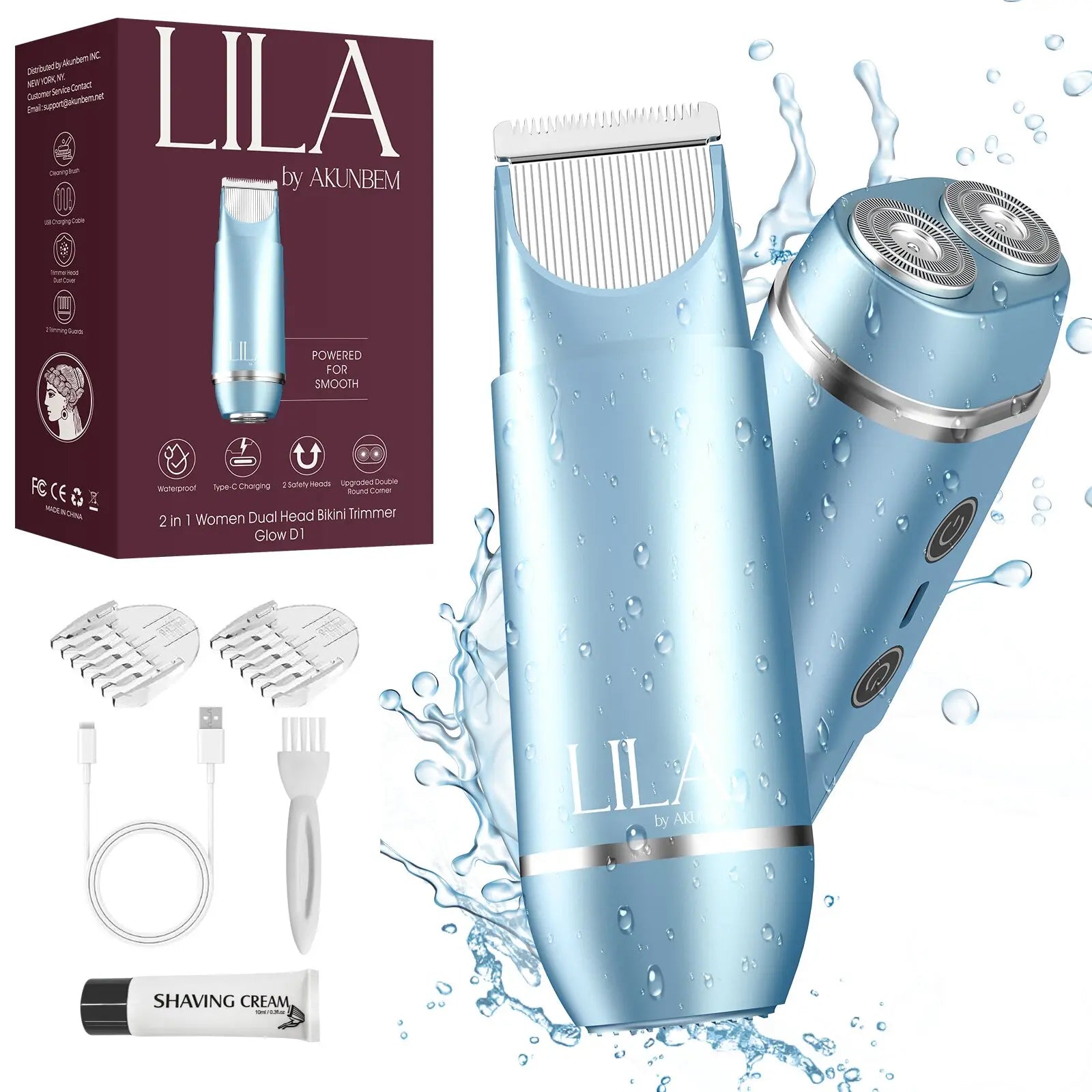 Akunbem 2 in 1 Women'S Electric Shaver Dual Head Bikini Trimmer IPX7 Waterproof Wet Dry Use Body Hair Trimmer Facial Hair Remover for Bikini Underarm Leg Arm Body Face
